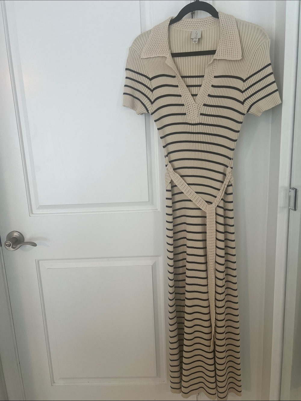 Joie Beige(cream) and Black Striped Ribbed Maxi/Midi knit Dress with Polo Collar